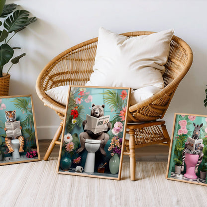 a wicker chair sitting next to three framed pictures