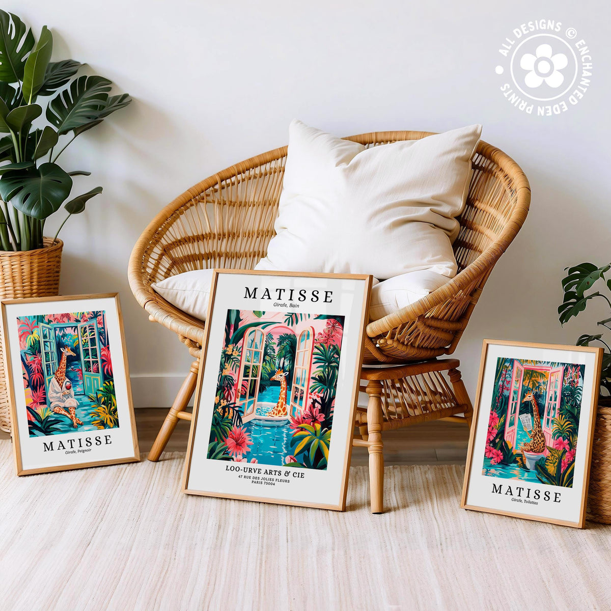 three framed prints of the famous painting "Matisse" by Edgar Degas, displayed on a wicker chair and a wooden floor.
