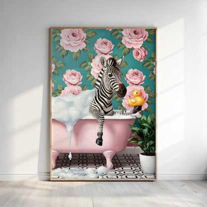 Funny Zebra in Bathtub Poster – Quirky Bathroom Wall Art