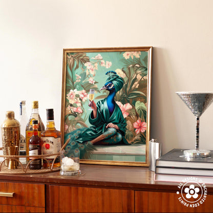 a framed painting of a peacock holding a glass of wine, surrounded by a lush, tropical garden scene.