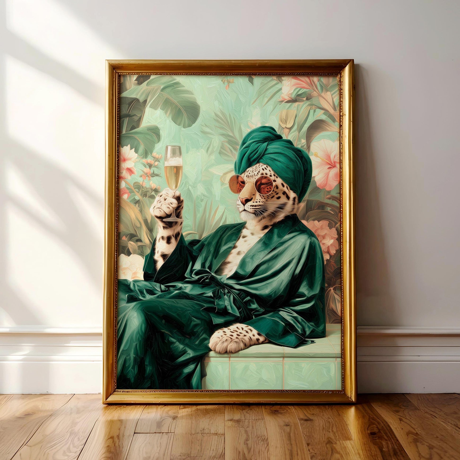 A framed painting depicting a leopard wearing a green robe and turban, holding a glass of champagne, with a tropical background.