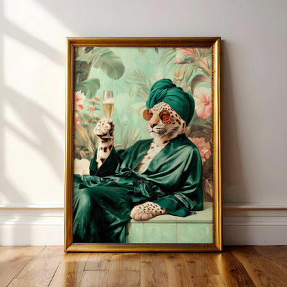 A framed painting depicting a leopard wearing a green robe and turban, holding a glass of champagne, with a tropical background.