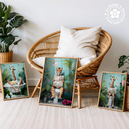a wicker chair with a white pillow, surrounded by three framed pictures depicting animals, including a tiger, giraffe, and elephant, in a tropical setting.