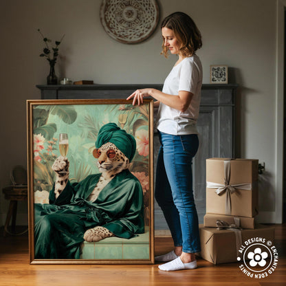 A woman stands next to a large framed painting depicting a tiger wearing a green robe and holding a glass of champagne.