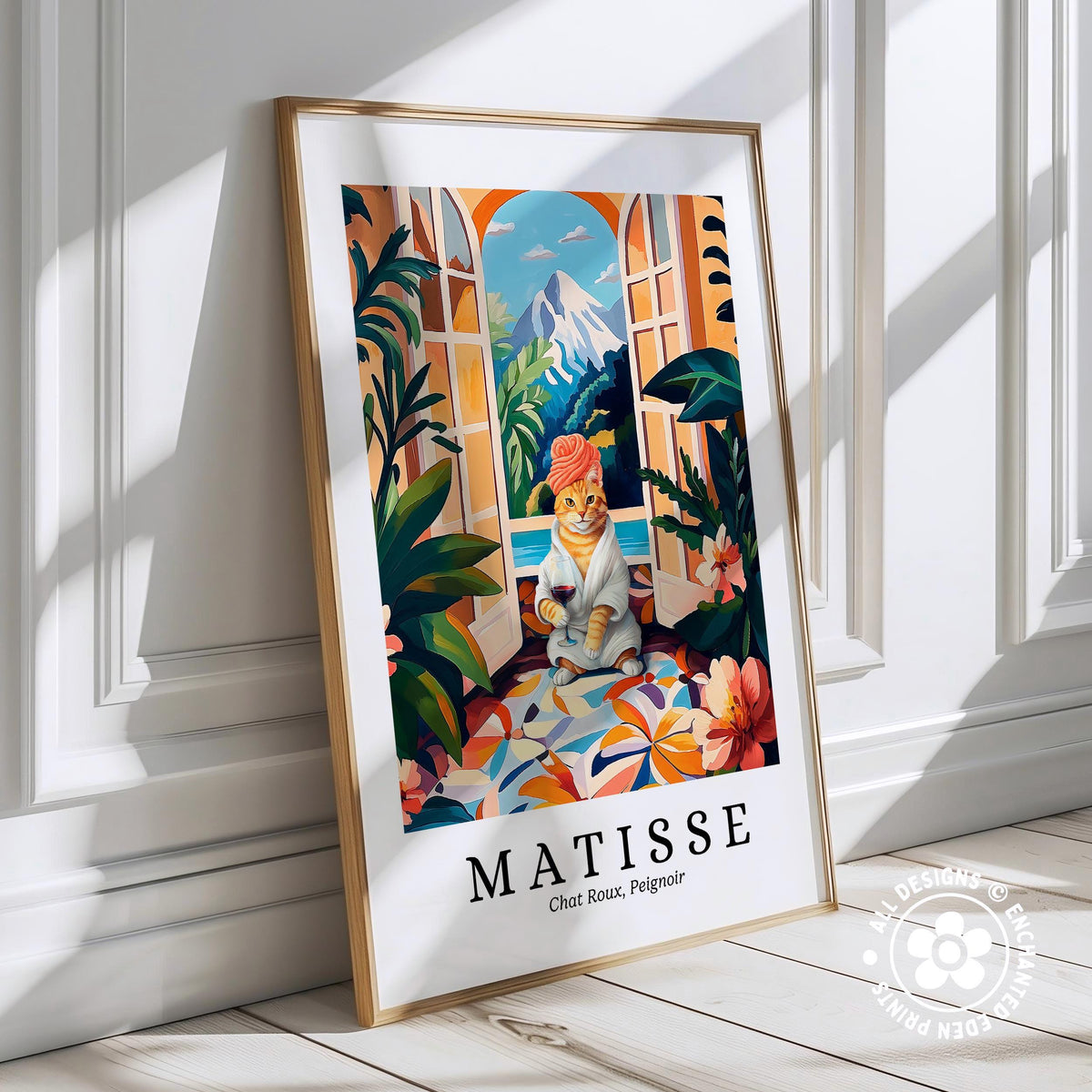 A framed poster of a cat sitting on a colorful rug, with a tropical landscape in the background, including palm trees and mountains.