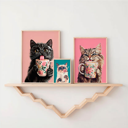 a shelf with three pictures of cats on it