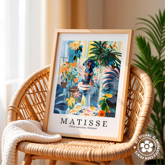 A framed print of a colorful painting of a dog sitting in a vase of flowers, displayed on a wicker chair.