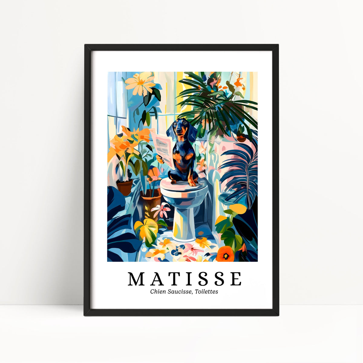The image is a framed poster featuring a colorful and whimsical illustration of a dog sitting on a toilet surrounded by various plants and flowers.
