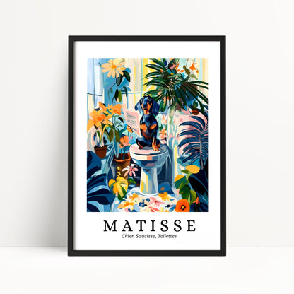 The image is a framed poster featuring a colorful and whimsical illustration of a dog sitting on a toilet surrounded by various plants and flowers.