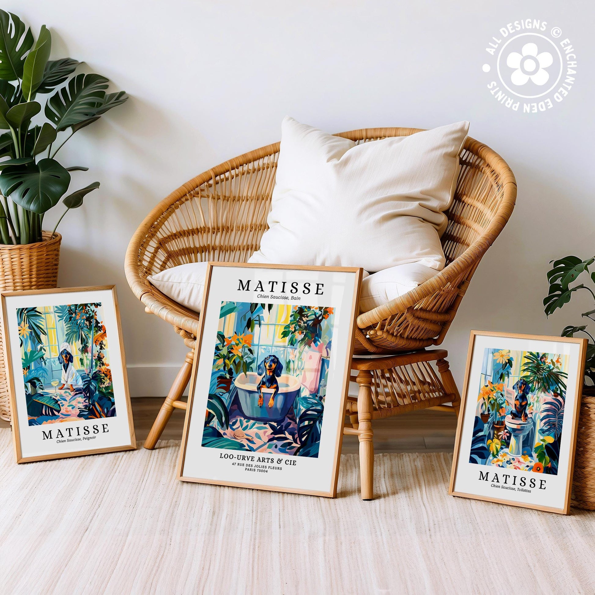 three framed prints of the famous painting "Matisse" by the artist Henri Matisse, displayed on a white floor in front of a wicker chair.