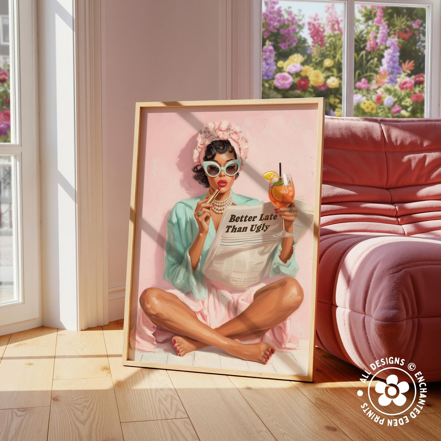 Retro Coquette Wall Art – 1950s “Better Late Than Ugly” Quote Print