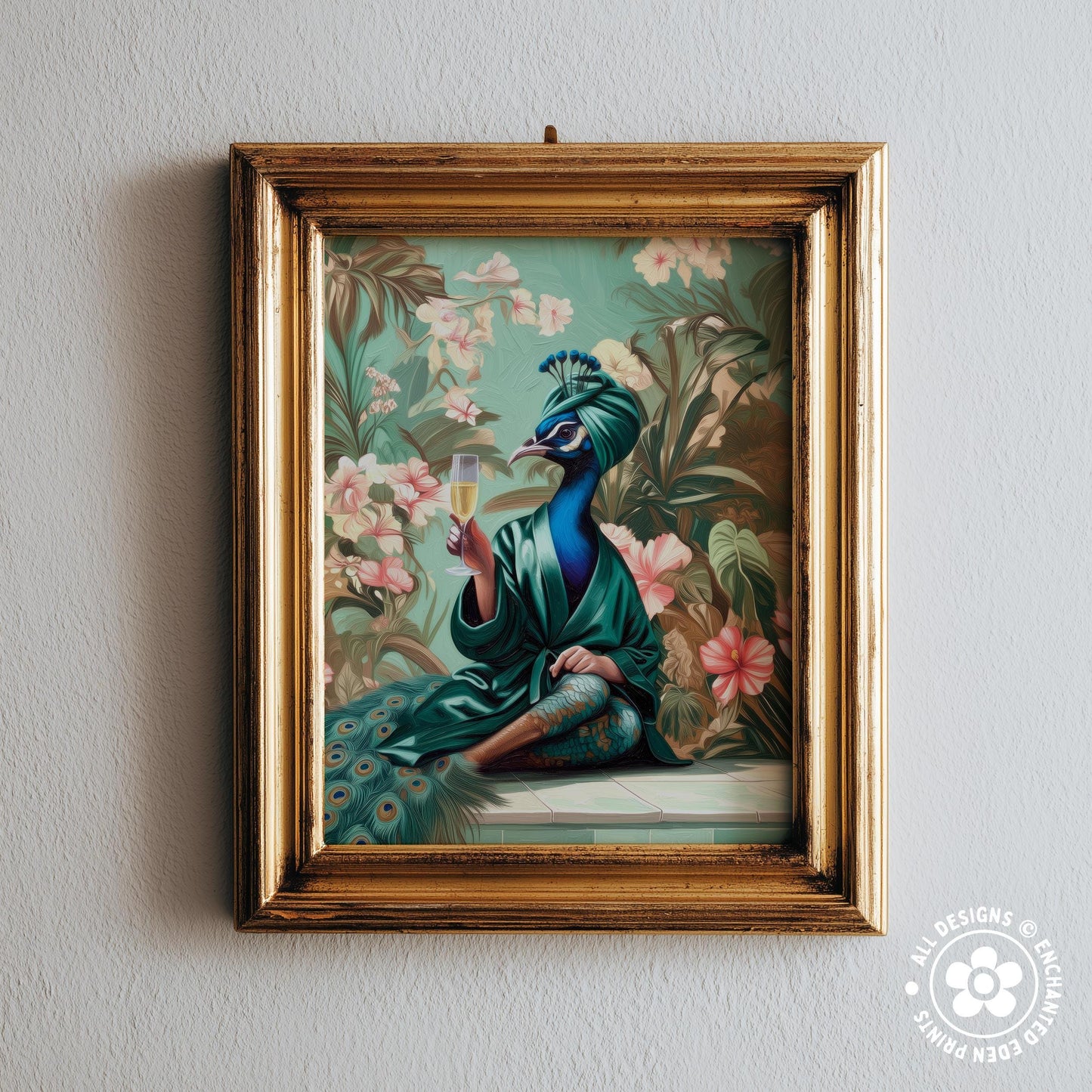 The image is a framed painting depicting a peacock wearing a green robe and holding a glass of champagne, surrounded by a lush, tropical garden with pink and white flowers.