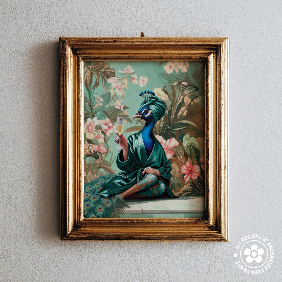 The image is a framed painting depicting a peacock wearing a green robe and holding a glass of champagne, surrounded by a lush, tropical garden with pink and white flowers.