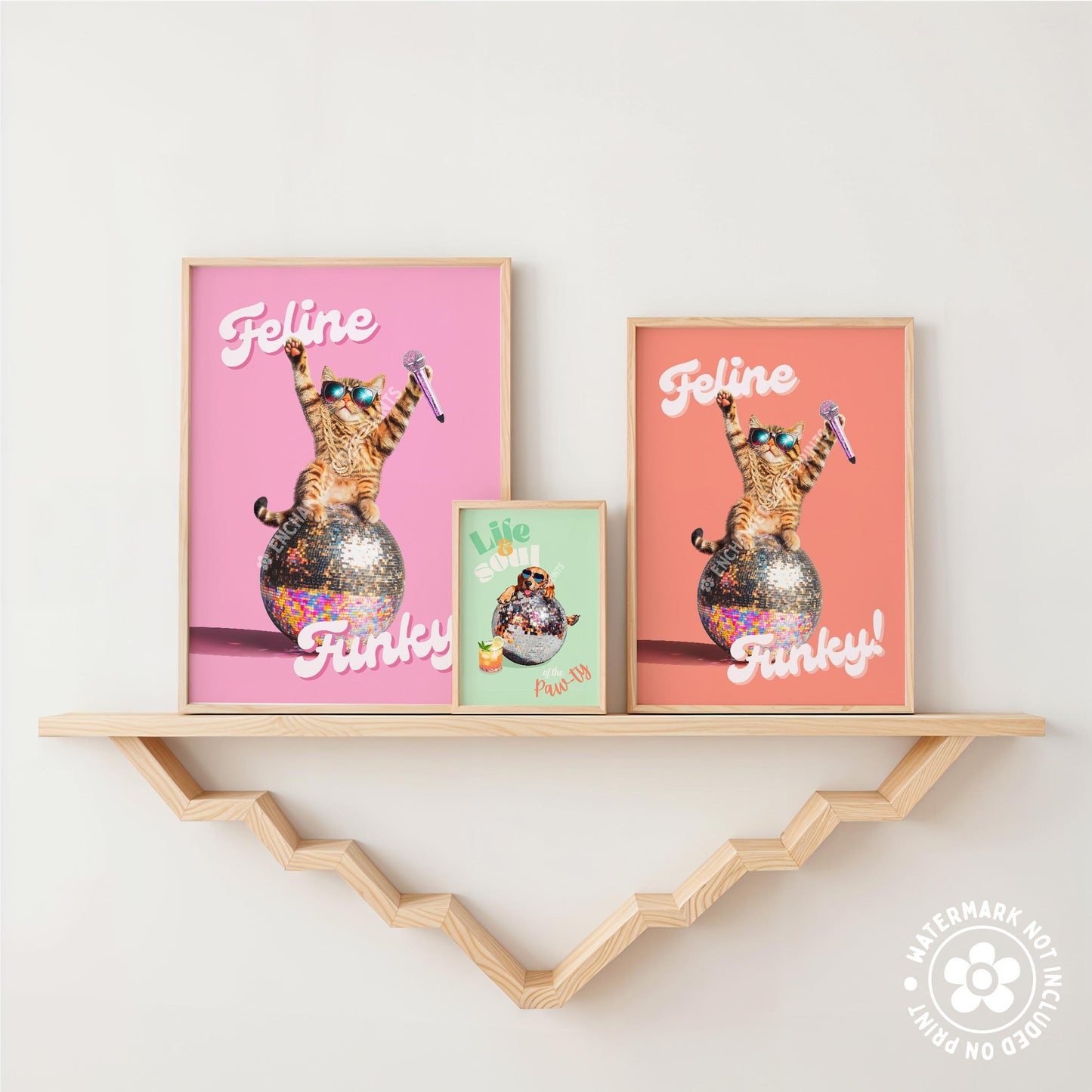 a couple of pictures on a shelf above a shelf