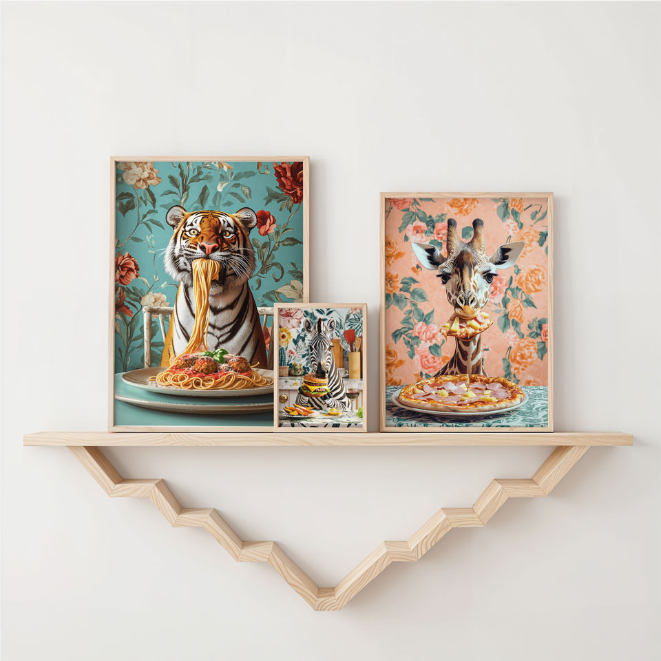 a shelf with three pictures of animals on it