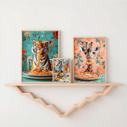 a shelf with three pictures of animals on it