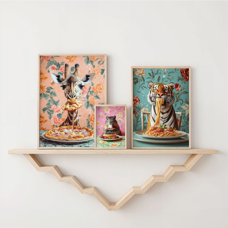 a shelf with two pictures of cats and a giraffe