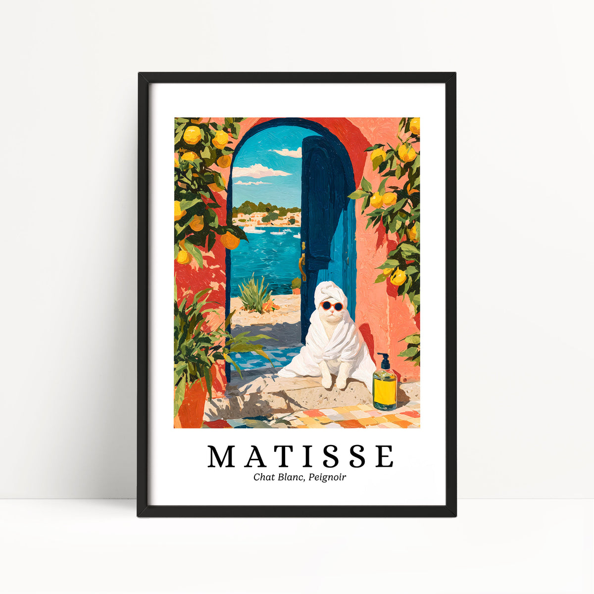 The image is a framed poster depicting a woman sitting in a doorway with a view of a beach and a blue archway.