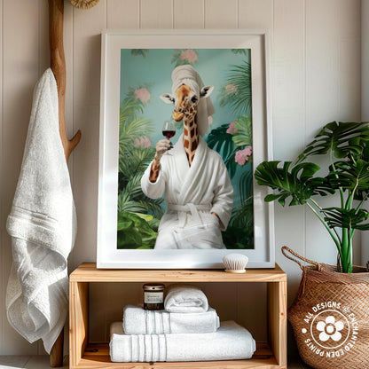 Funny Giraffe in Robe Poster – Tropical Bathroom Wall Art