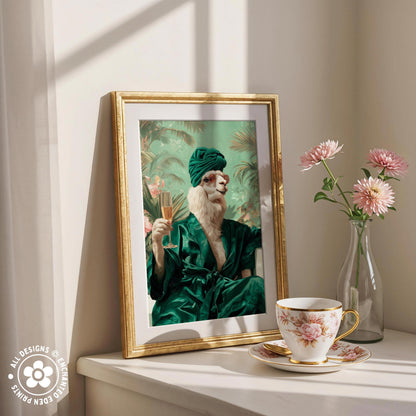 a framed picture of a person dressed in a green robe and turban, holding a glass of wine, with pink flowers in a vase to the right.