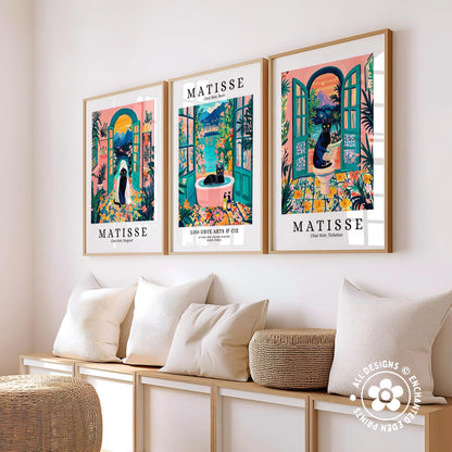 three framed prints of the famous French artist Matisse, each depicting a different scene from his work. The prints are arranged on a wall, with a bench and a woven basket in the foreground.