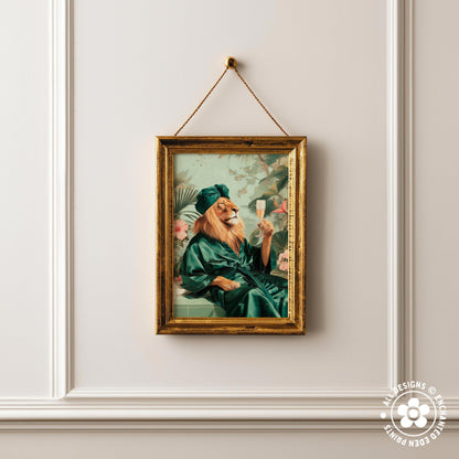 a framed painting of a lion wearing a green robe and holding a glass of wine.
