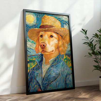 a painting of a dog wearing a straw hat