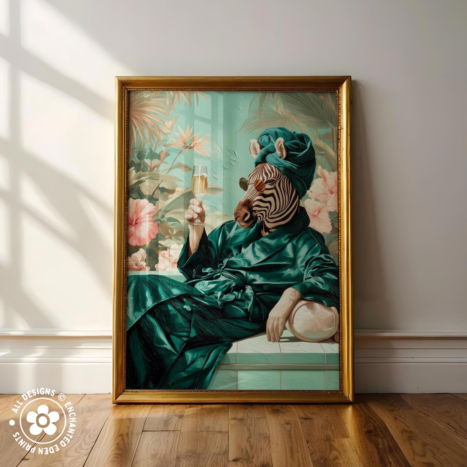 A framed painting depicting a zebra wearing a green robe and holding a glass of wine, with a tropical floral background.
