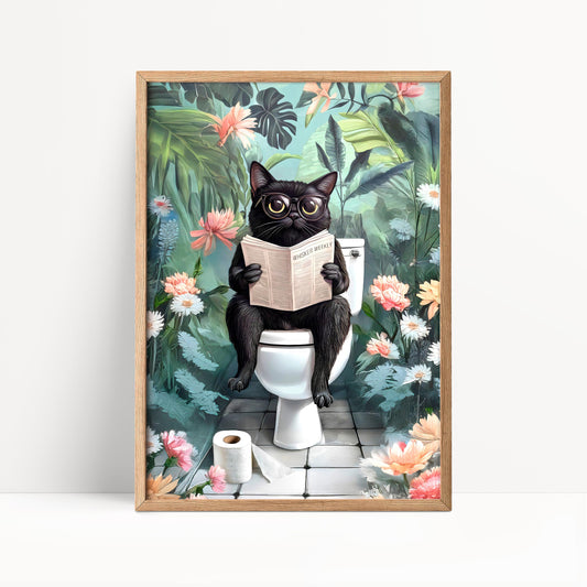 A black cat sitting on a toilet and reading a newspaper in a colorful, tropical-themed setting.