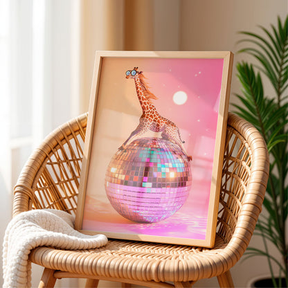 a picture of a giraffe standing on a disco ball