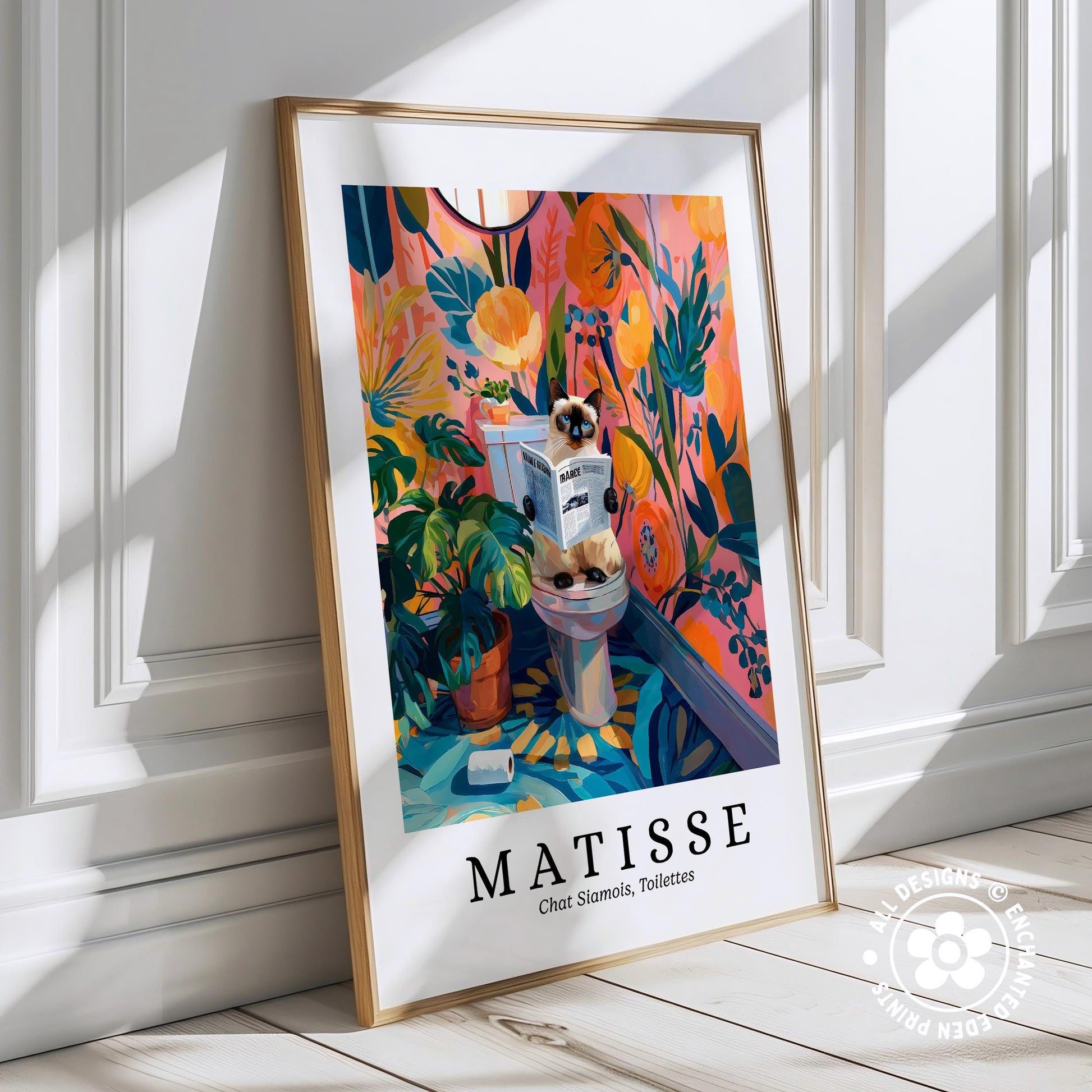 A framed poster depicting a cat sitting on a toilet in a colorful, abstract floral and tropical setting, with the text "MATISSE" below the artwork.