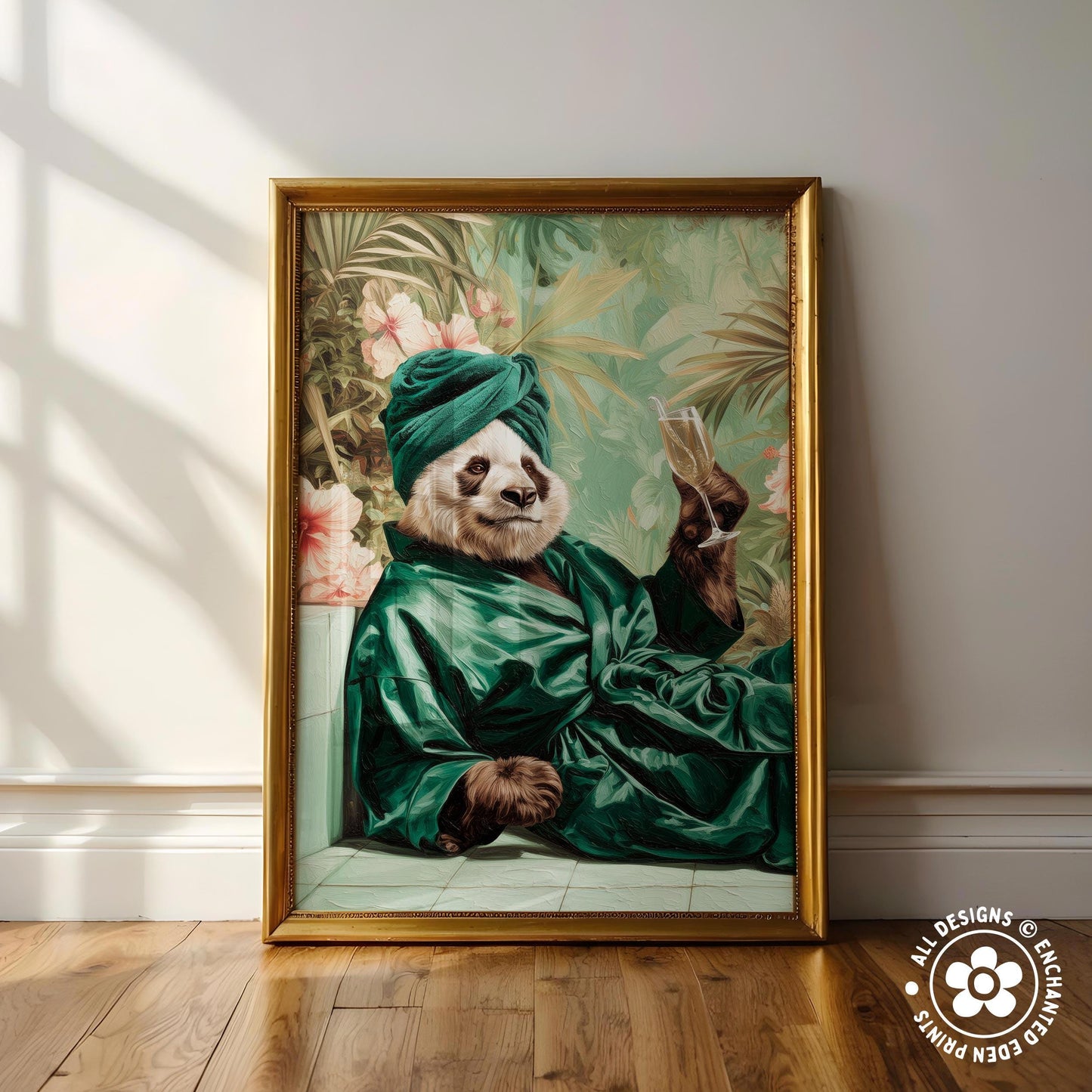 A panda wearing a green robe and turban is sitting on a wooden floor, holding a glass of wine.