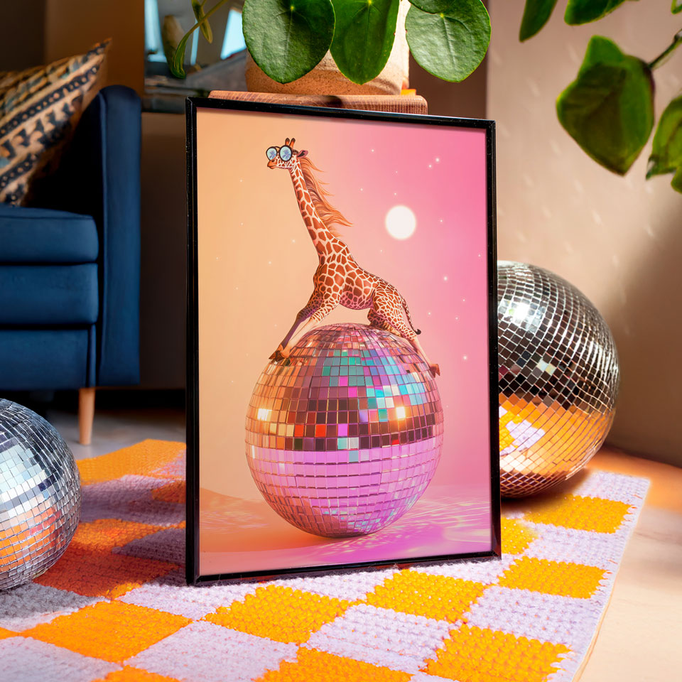 a picture of a giraffe standing on top of a disco ball