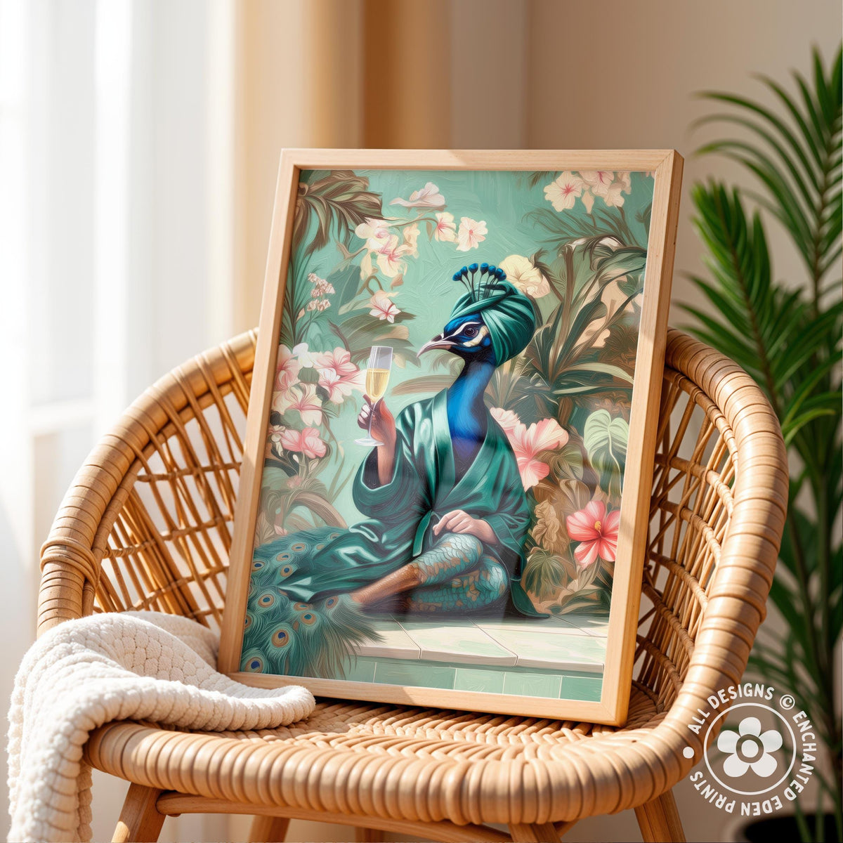 a framed painting of a peacock holding a glass of wine, surrounded by a lush, tropical garden scene.