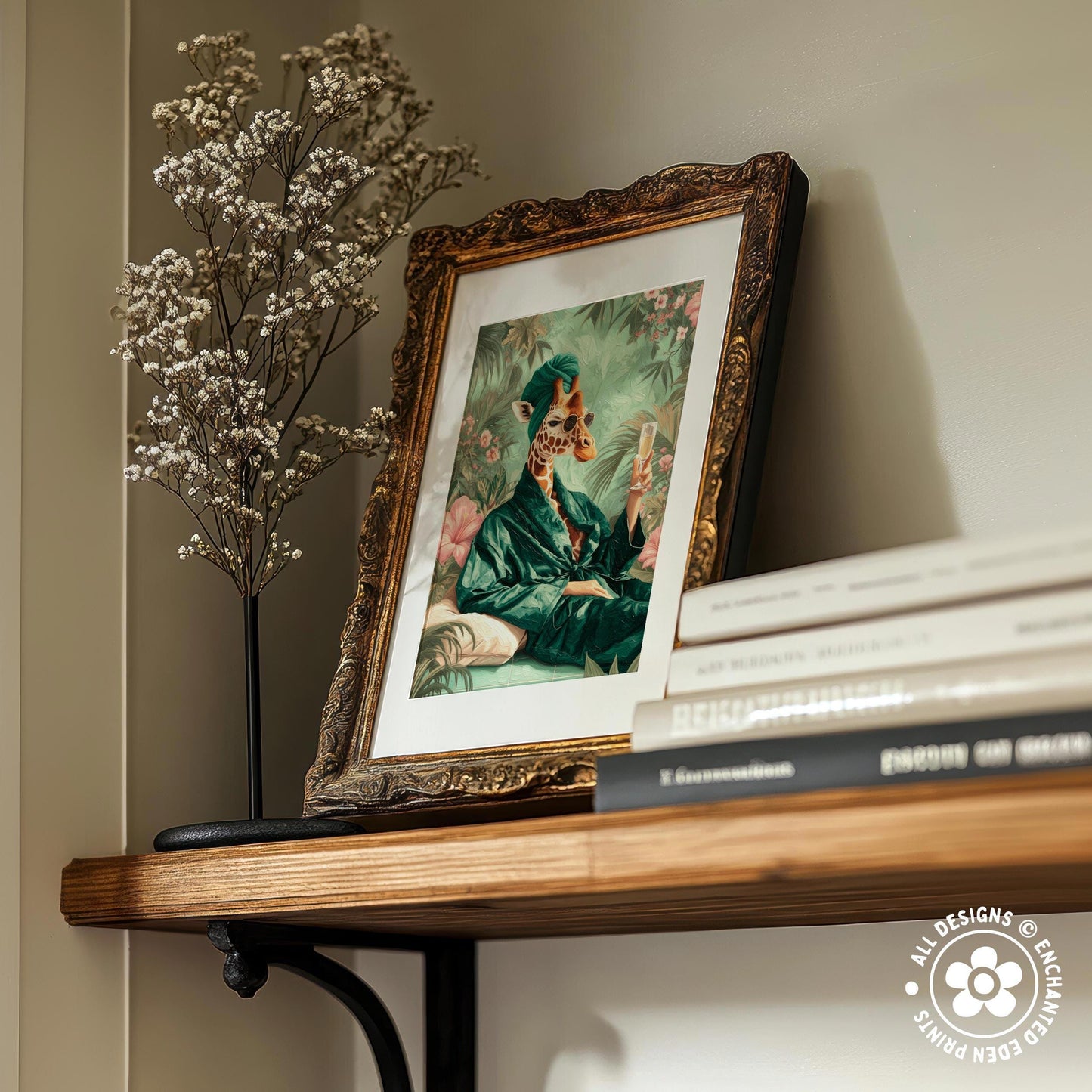 a wooden shelf with a framed painting of a person in a green outfit, a vase of white flowers, and a stack of books.