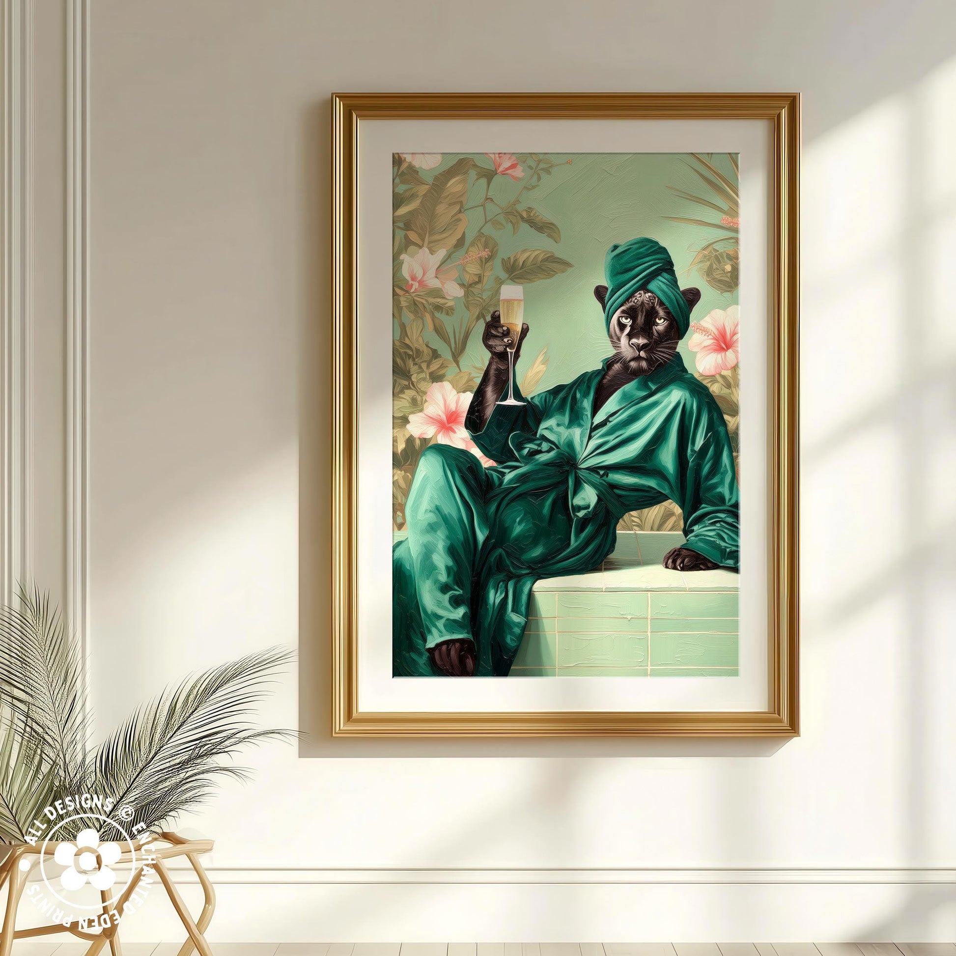 A framed painting depicting a person in a green robe and turban, holding a glass of champagne, with a tropical floral background.