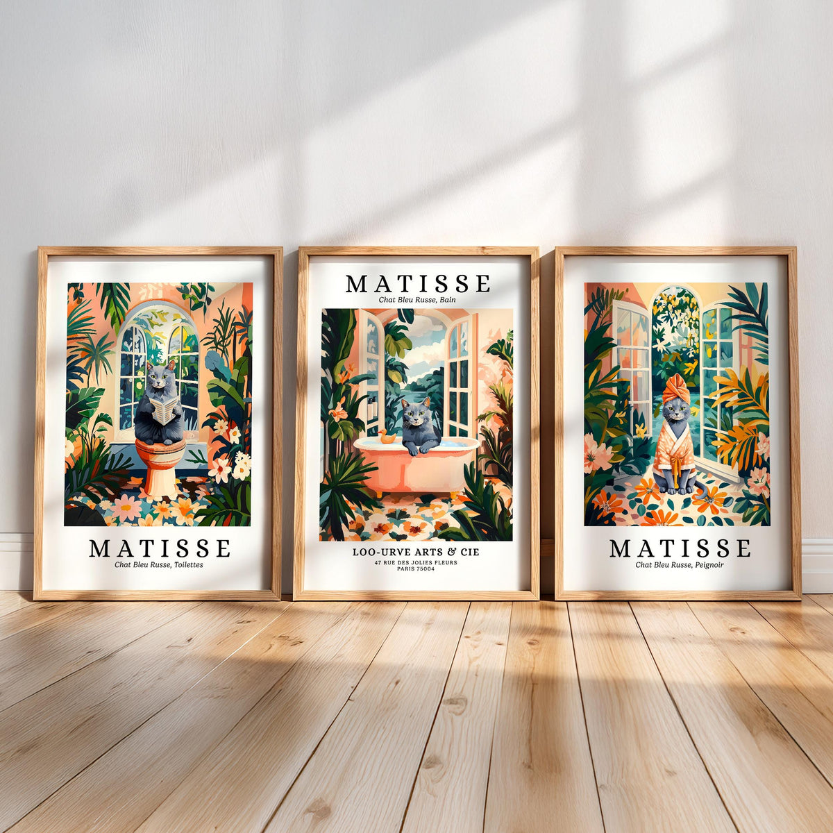 three framed prints of the famous French artist Matisse, each depicting a different scene from his work.
