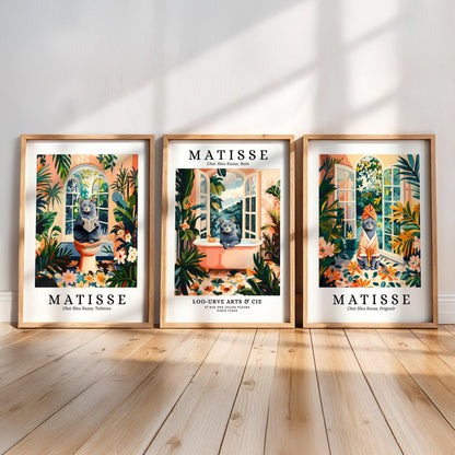 three framed prints of the famous French artist Matisse, each depicting a different scene from his work.