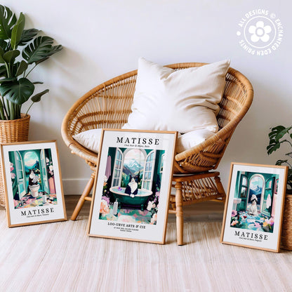 three framed prints of the famous painting "Matisse" by the artist Edouard Manet, displayed on a wooden floor in front of a wicker chair.