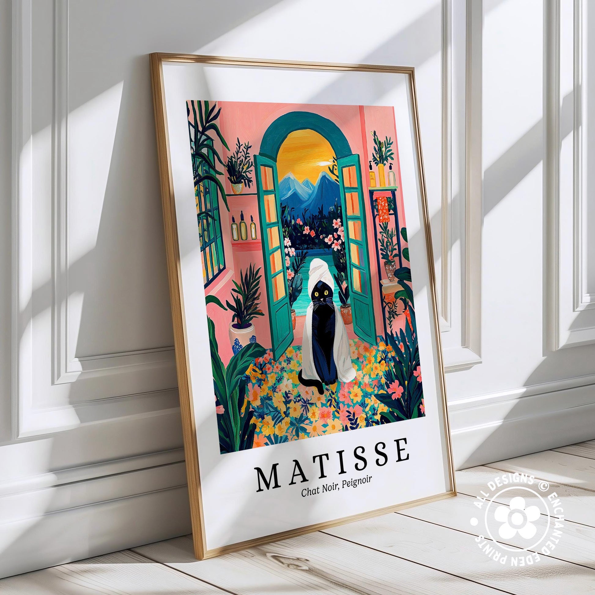 The image is a framed poster featuring an illustration of a woman in a white dress standing in a colorful, tropical garden with a cat.