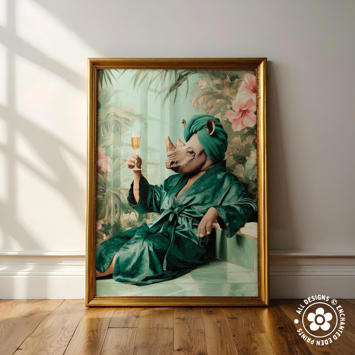A framed painting depicting a rhinoceros wearing a green bathrobe and holding a glass of wine, with a tropical background.