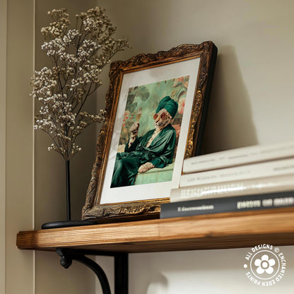 a wooden shelf with a framed picture of a person wearing a green outfit and a turban, sitting on a bench. Next to the picture, there is a vase with white flowers. The shelf also holds a stack of books and a small plant.