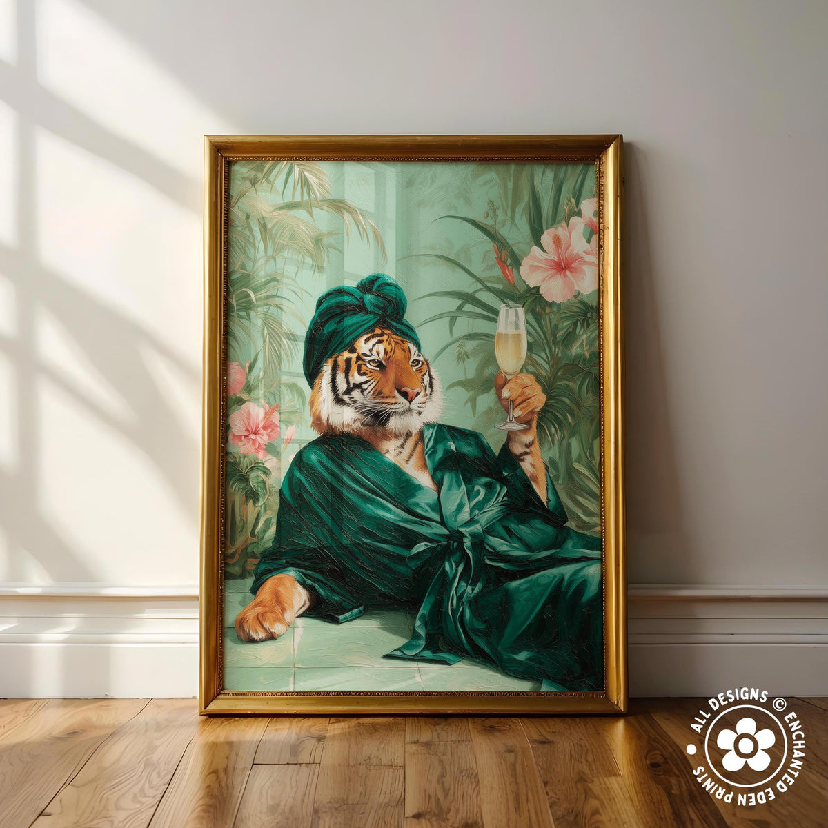 A framed painting depicting a tiger wearing a green robe and holding a glass of champagne, surrounded by tropical foliage.