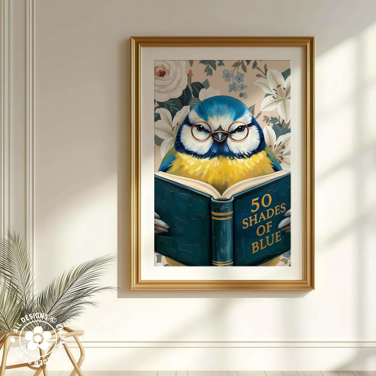 Funny Blue Tit Reading Book Art – Quirky Bird Lover Wall Decor
