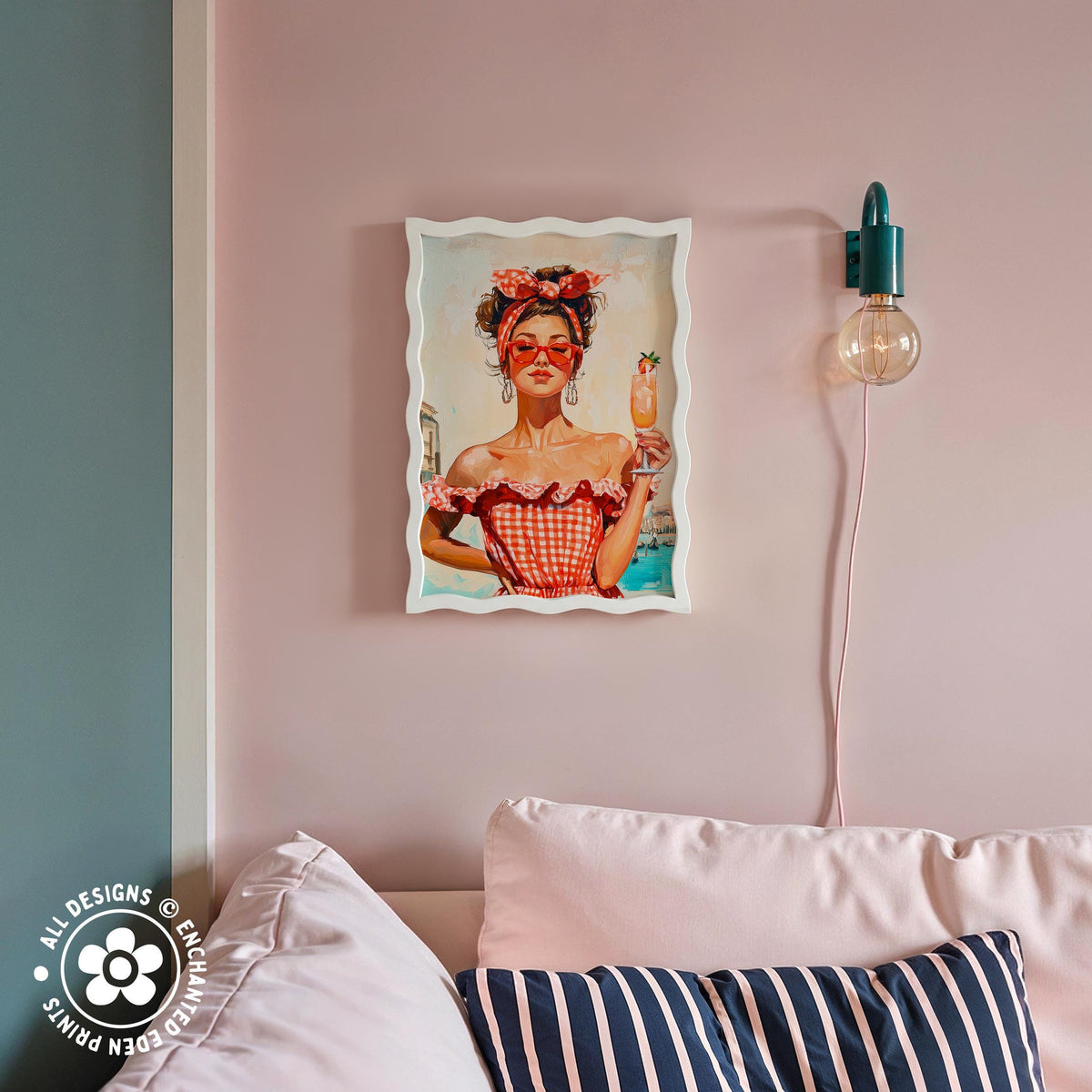 a framed picture of a woman in a red and white dress, with a pink wall behind her and a striped pillow on a couch.