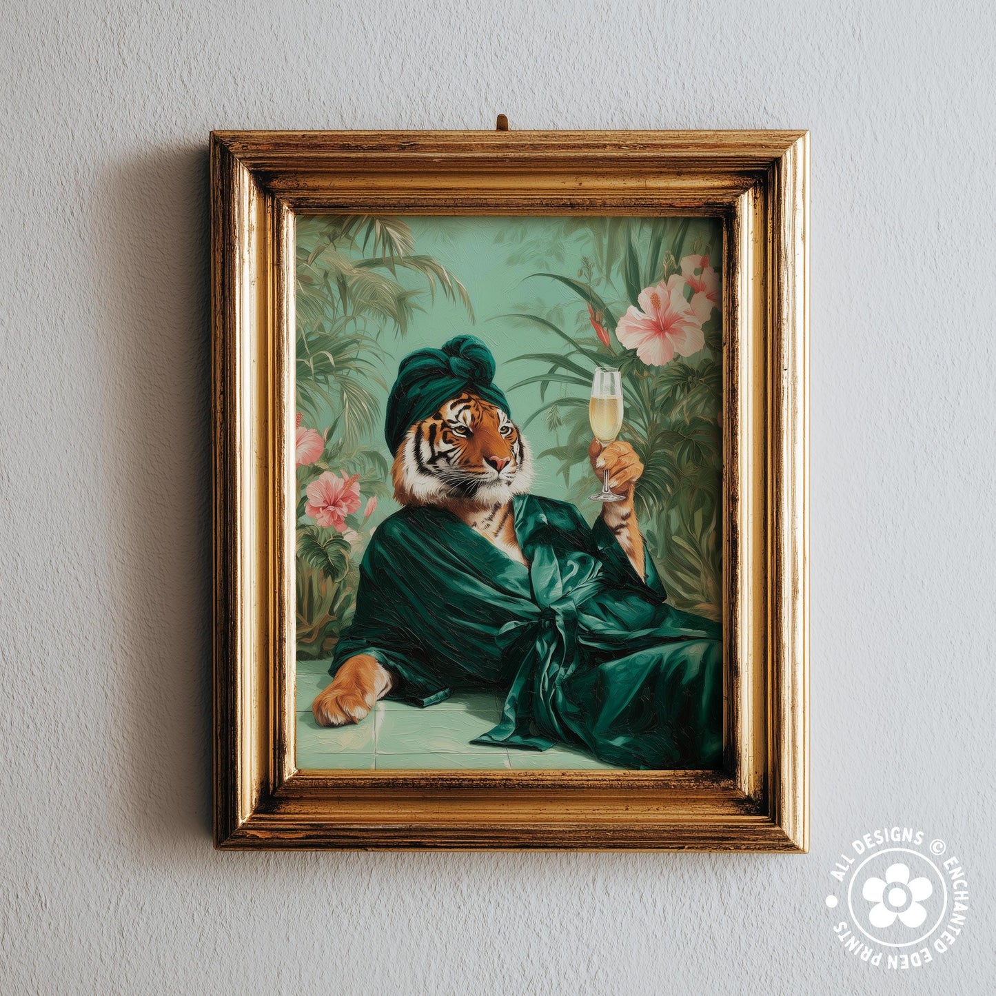 A framed painting depicting a tiger wearing a green robe and holding a glass of champagne, surrounded by tropical foliage.