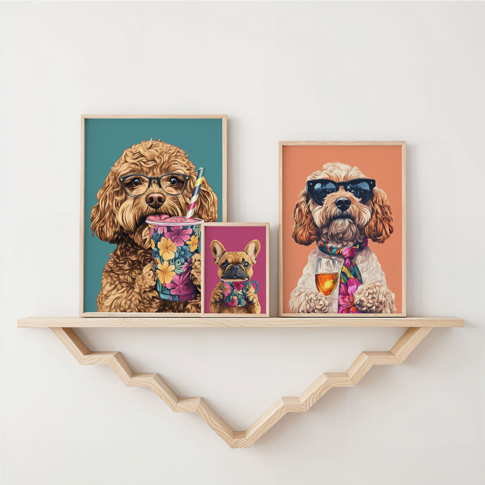 a couple of pictures of dogs on a shelf