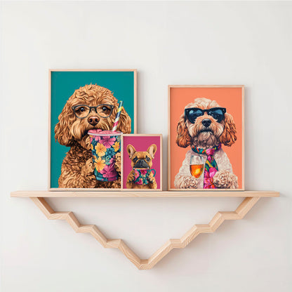 a couple of pictures of dogs on a shelf