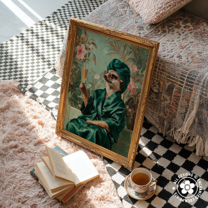 a framed painting of a cat wearing a green robe and holding a glass of wine, sitting on a pink rug next to a stack of books and a cup of tea.