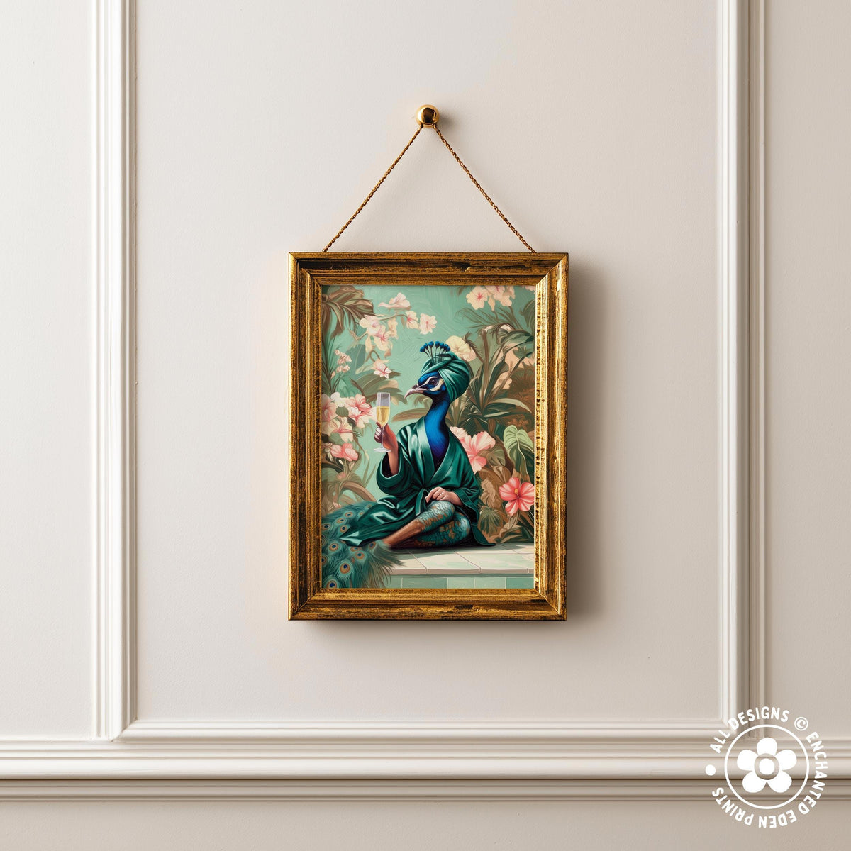 a framed painting of a peacock, hanging on a white wall.